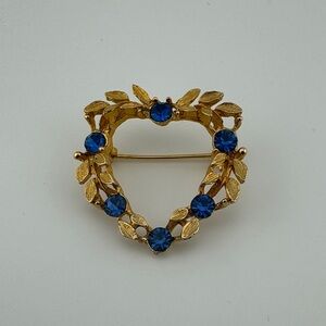 Vintage Gold-Tone and Blue Rhinestone Heart Wreath Brooch